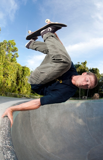 Up close and personal with Joe Storm and his Frontside Invert, New Smyrna Beach, FL. Photo_Nick Perry.